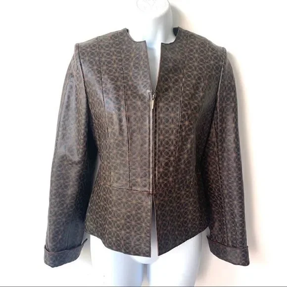 Leather Geometric Dark Brown Fitted Jacket - Picture 2 of 14